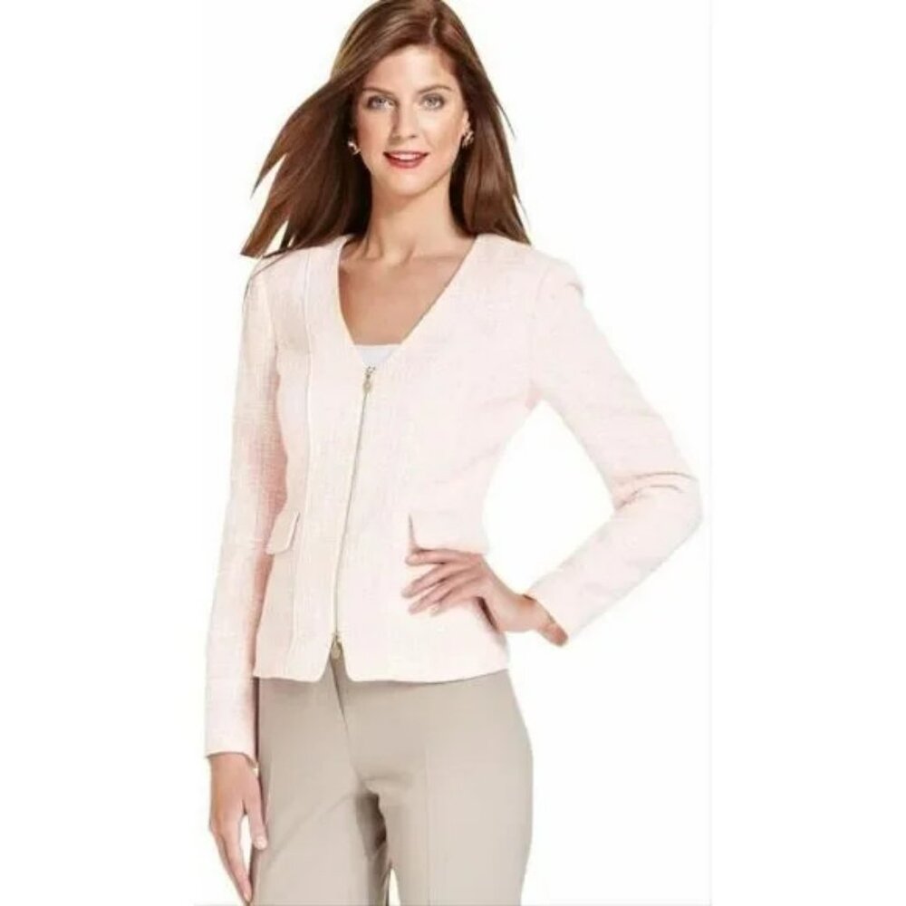 Anne Klein Tweed Boucle Zip Blazer Suit Jacket Size 4 Pink/White